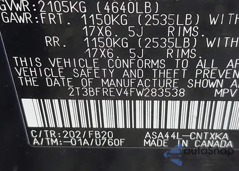 2015 Toyota Rav4 Le from USA, damaged, VIN 2T3BFREV4FW283538